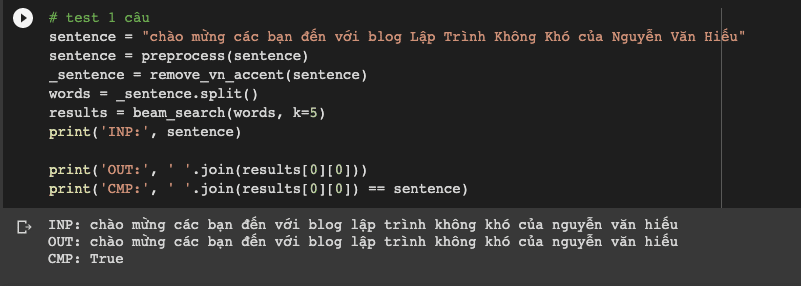 Minh họa sử dụng beam search + language model cho khôi phục dấu thanh