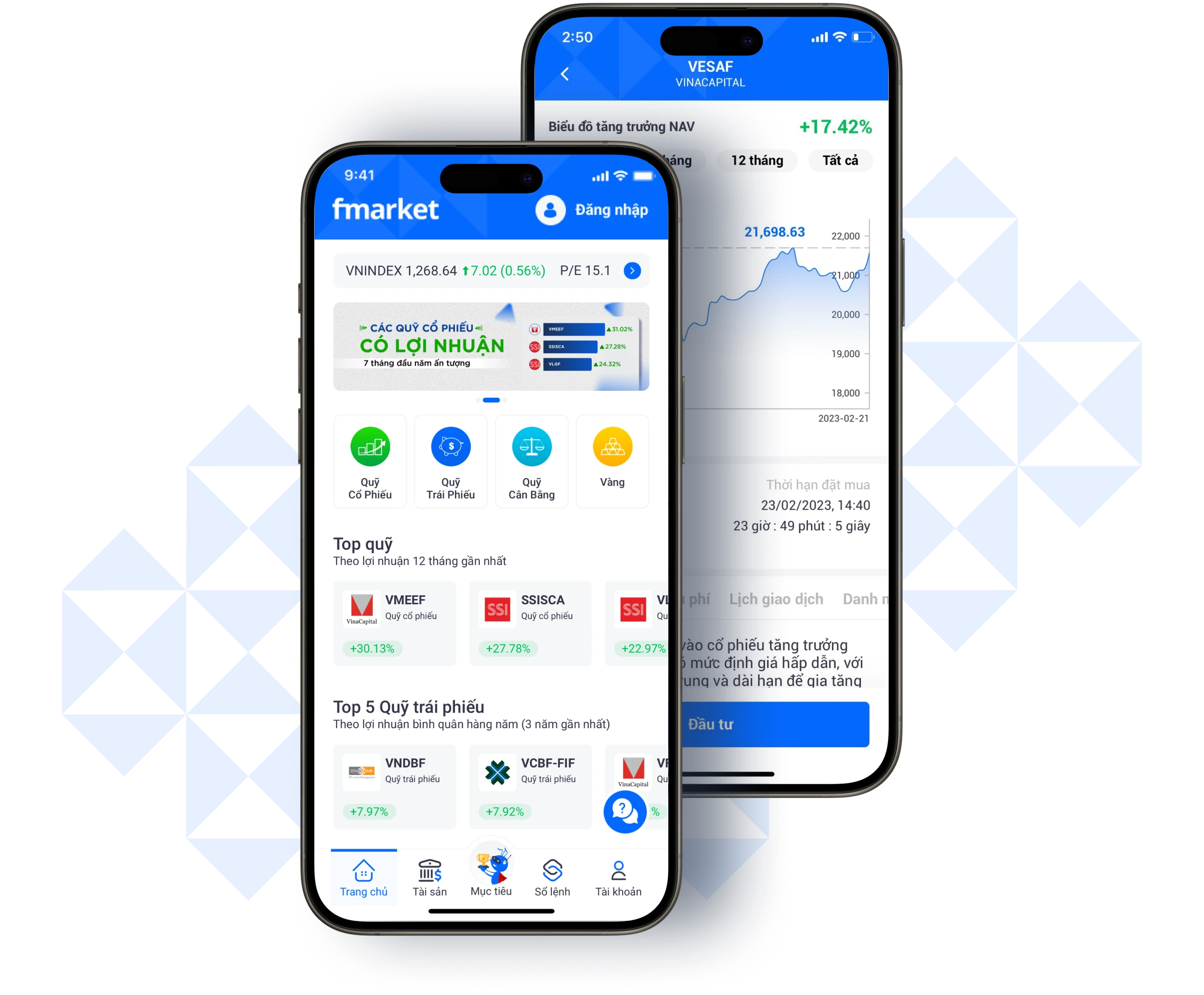 Giao diện ứng dụng Fmarket hiển thị danh mục đầu tư quỹ mở với biểu đồ tăng trưởng, danh sách các quỹ đầu tư (cổ phiếu, trái phiếu, cân bằng) và tính năng SIP tự động - thiết kế hiện đại với màu sắc xanh lá và trắng, dashboard dễ đọc cho người mới bắt đầu