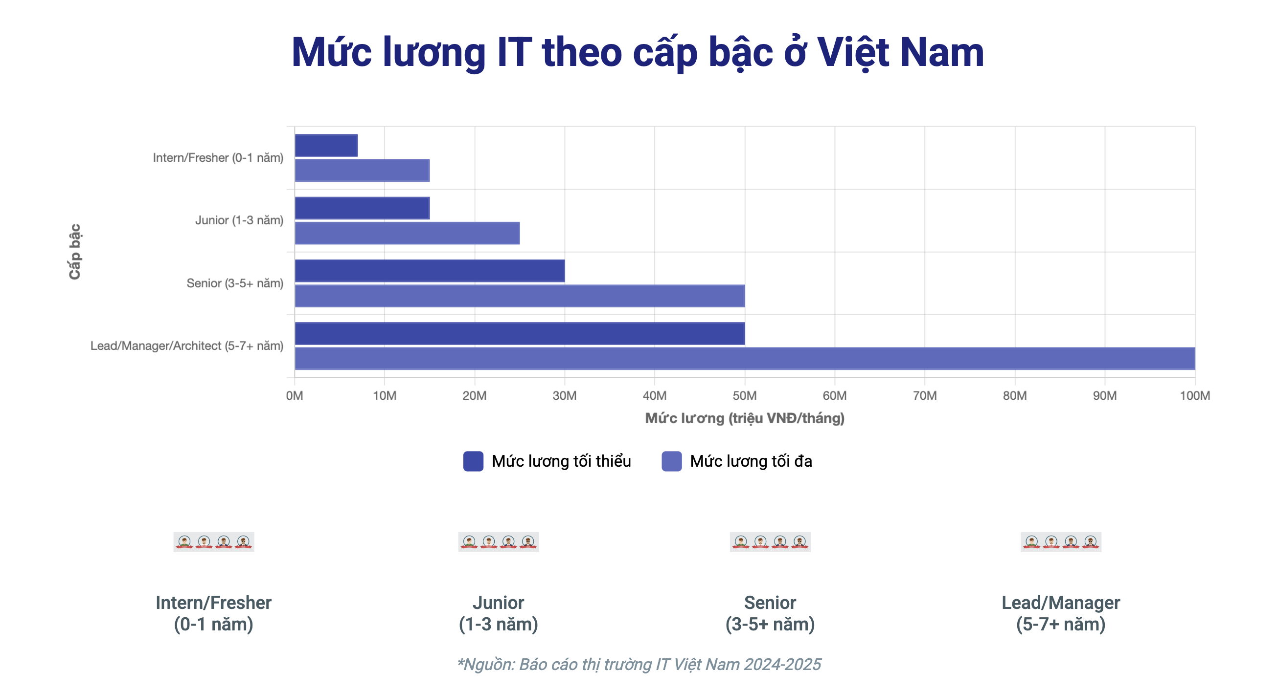Infographic mức lương IT theo cấp bậc - Bar chart với icon developer